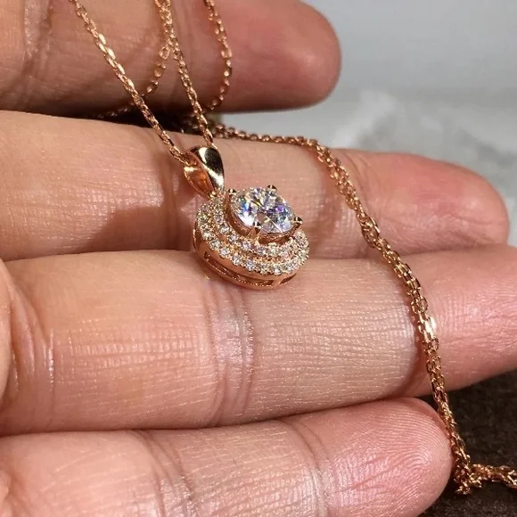 New Women’s Rose Gold Plated Round cut Diamond Necklace - Picture 3 of 3